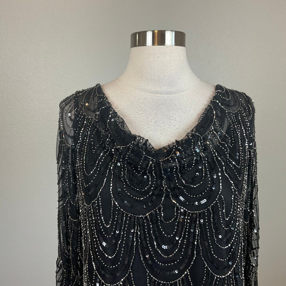 JKara Beaded Chiffon Long Sleeve A-Line Evening Gown Black Size 6 Formal Dress - Picture 6 of 9